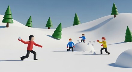 Children playing in the snow, throwing snowballs at each other on a bright winter day in a snowy landscape.