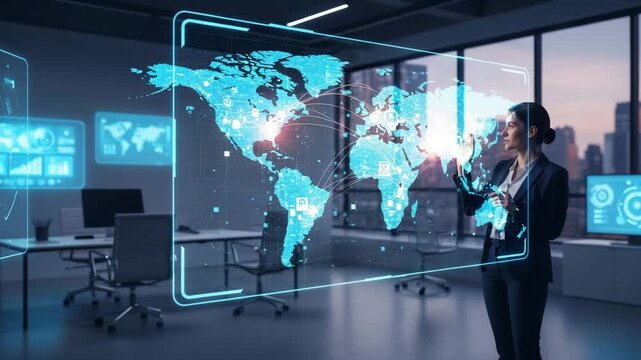 Dynamic businesswoman analyzes global data network on futuristic interactive display - Powered by Adobe
