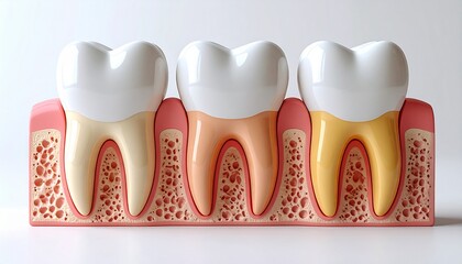 Obraz premium 3D medical illustration showcasing different stages of dental health and gum anatomy, emphasizing root conditions and bone structure for educational and professional dental content