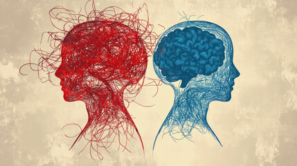 Emotional intelligence, mental health, duality of mind, logic vs emotion, psychology, human cognition. Metaphor for psychology and mental balance. Emotional stress vs calmness and intellect.