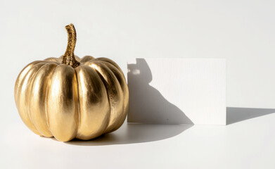 Golden pumpkin with blank white card for your text. Minimalist decor, elegant autumn still life composition