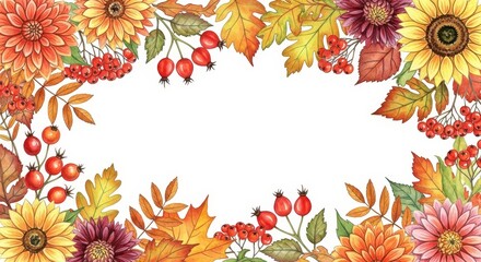 watercolor autumn floral frame. illustration of sunflowers, fall leaves, berries in warm seasonal colors. Isolated on white background with copy space for Thanksgiving and holiday greetings.