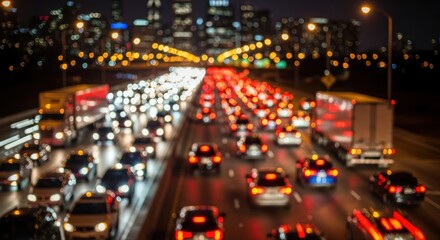 Blurred view of heavy traffic on a highway at night, with city skyline lights in the background.