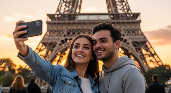 Couple taking a selfie in front of the Eiffel Tower at sunset
