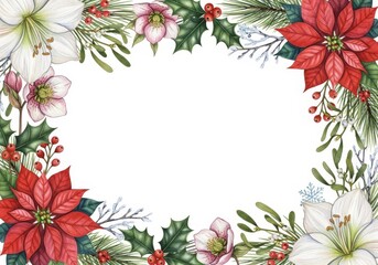 watercolor Christmas floral frame. botanical illustration with red poinsettia, holly, anemone, fir branches Isolated on white background, artwork for holiday greeting card, wedding invitation