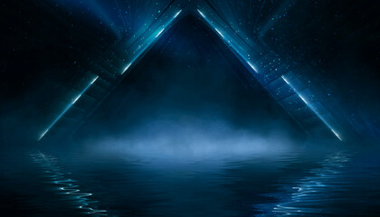 Dark empty scene, blue neon searchlight light, wet asphalt, smoke, night view, rays.