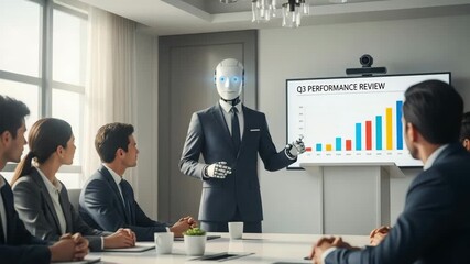 Robot presenter delivering Q3 performance review to attentive business colleagues team - Powered by Adobe