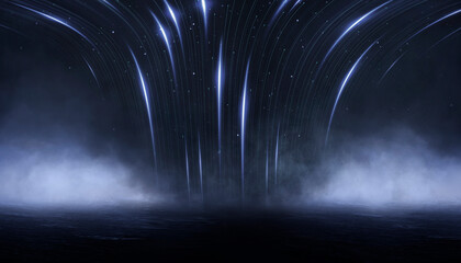 Wet asphalt, reflection of neon lights, a searchlight, smoke. Abstract light in a dark empty street with smoke, smog. Dark background scene of empty street, night view, night city.