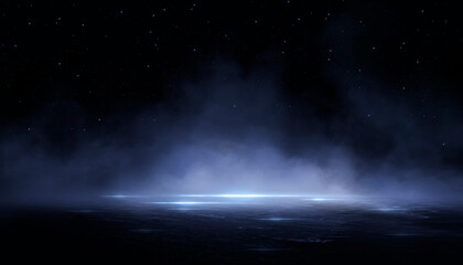 Wet asphalt, reflection of neon lights, a searchlight, smoke. Abstract light in a dark empty street with smoke, smog. Dark background scene of empty street, night view, night city.