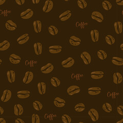 Seamless pattern of coffee beans and the word coffee scattered on a dark brown background with a transparent effect perfect for cafe and coffee house themes