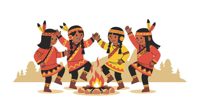 Four children in traditional indigenous attire dancing around a campfire, celebrating a cultural event.