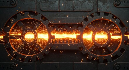 An industrial steel texture featuring mechanical gear outlines and glowing orange sparks. The metallic surface and fiery effects create a dynamic, mechanical, and high-energy atmosphere.