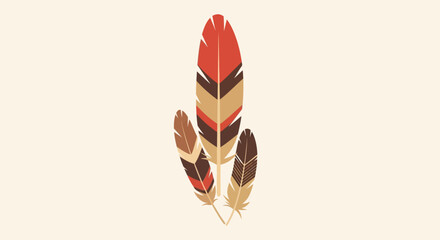 Three stylized feathers with geometric patterns in earthy tones of red, brown, and tan, isolated on a light background.