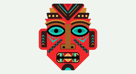 A vibrant, stylized tribal mask featuring intricate geometric patterns and bold colors.
