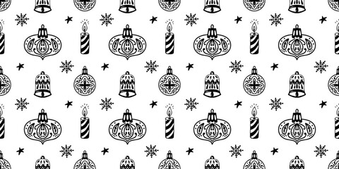 Seamless pattern with Christmas baubles and candles. Hand drawn doodle line art vector background. 