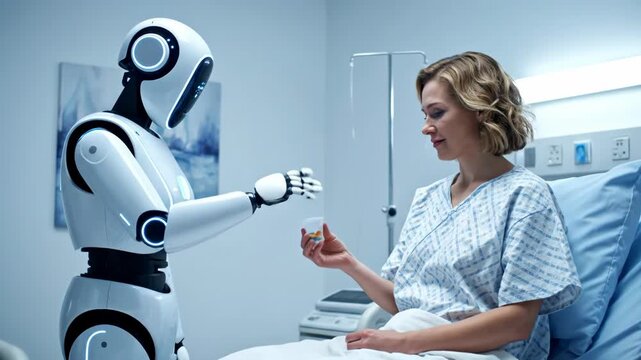 A futuristic humanoid robot nurse gives medication to a female patient in a hospital room.