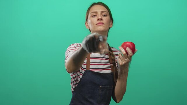 Woman pointing finger while holding red apple in studio with mint green backdrop; focus healthy choice.