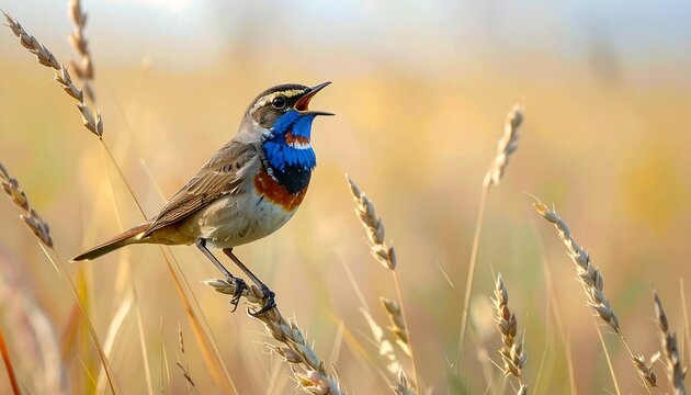 Singing Bluethroat Bird in Golden Field.