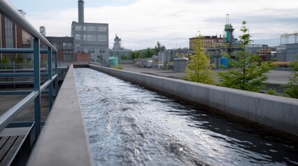 Urban Rainwater Runoff Redirected Through Modern Metal Gutter System in Industrial Landscape