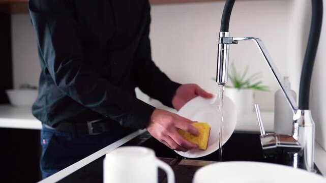 Side view and close up of man stand at sink and open faucet for wahing dishes. Clean white plates after lunch or dinner. Closing fauset after washing.