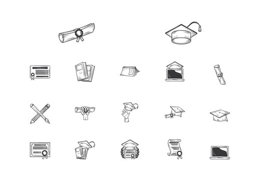 Black And White Graduation Certificate Education Skecth Icons Set