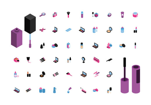 Colorful Makeup Beauty Cosmetics Isometric Icons Set