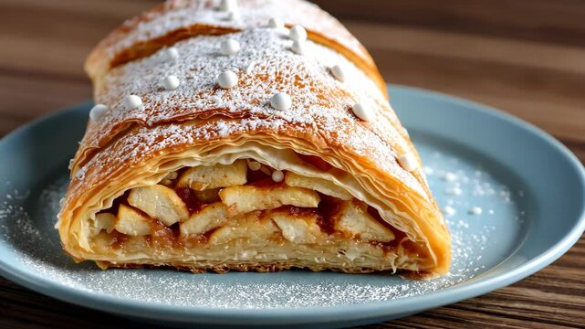 Delicious apple strudel presentation on blue plate with powdered sugar topping
