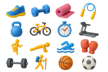3D Exercise Icons. Exercise habits set icons in 3D color style: running shoe, dumbbell, yoga mat, jump rope, kettlebell, bicycle, stopwatch, treadmill