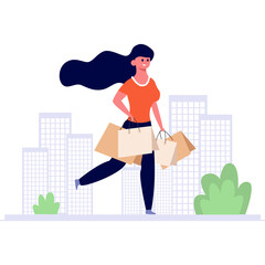 A Woman With Dark Hair Wearing An Orange Shirt And Dark Pants Happily Carries Shopping Bags Past Tall Buildings In A City With Green Bushes