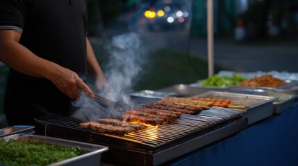 Vendor Flipping Crispy Pork Belly While Sizzling on Grill at Night Market