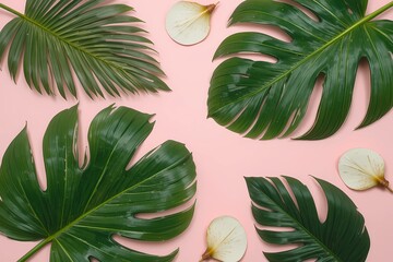 Artistic Flat Lay Tropical Leaves Background. Palm and Monstera on Pastel Pink