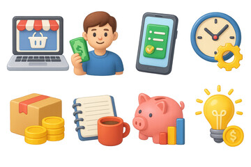3D Side Hustle Icons. Side hustle set of icons in 3D color style: laptop with online shop, person holding cash, smartphone with freelance task, clock