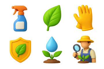 Prevention Icon Set. Prevention methods set of icons in 3D color style: spray bottle, healthy leaf, gloves, shield with leaf symbol, irrigation