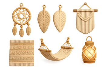 Boho Macrame Icons. Boho macrame set of icons in 3D color style: dreamcatcher, feathers, fringe decor, lantern with cord, rug with patterns, hammock,