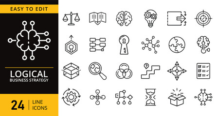 vector set of hand drawn icons. Logical Business Strategy Line Icons Set Digital Brain Planning Problem Solving Outline