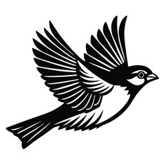 Stylized black and white illustration of a sparrow in flight with wings spread wide