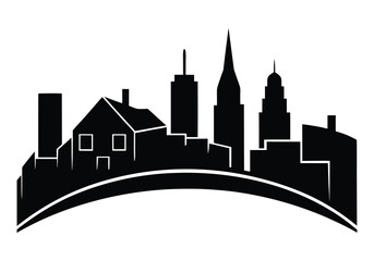 Black silhouette of a city skyline with diverse buildings and a curved horizon line