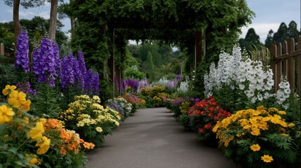 Obraz premium Vibrant Floral Archway Framing Entrance with Colorful Flowers in Blooming Garden Pathway