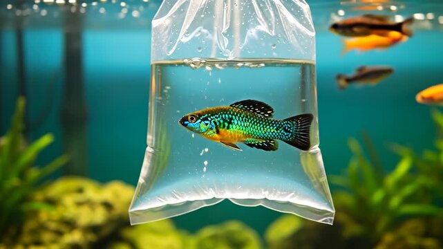 Colorful tropical fish in plastic bag, ready to be released into a home aquarium, pet store concept footage