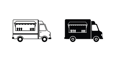Simple black and white illustrations of food trucks in side view