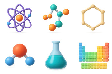3D Chemistry Icons. Chemistry map set of icons in 3D color style: atom structure, molecular bond diagram, hexagon benzene ring, water molecule, lab