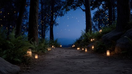 Obraz premium Enchanted Trail Illuminated by Flickering Fireflies in a Vibrant Forest at Dusk