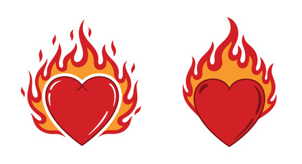 Two red hearts engulfed in vibrant orange and red flames illustration