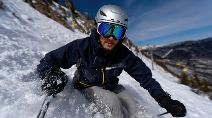 An exhilarating scene of a skier navigating through fresh snow on a sunny day in the mountains, capturing the thrill of winter sports and the beauty of nature.