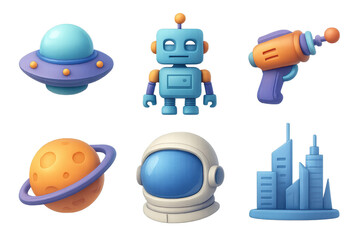 Futuristic Sci-Fi Icons. Sci-fi genre icons in 3D color style: UFO, robot, laser gun, planet, astronaut helmet, futuristic city.
