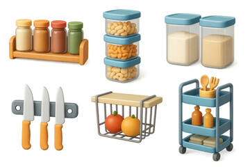 3D Kitchen Icons. Kitchen Hacks set of icons in 3D color style: spice rack, stackable jars, labeled containers, magnetic strip, under-shelf basket,