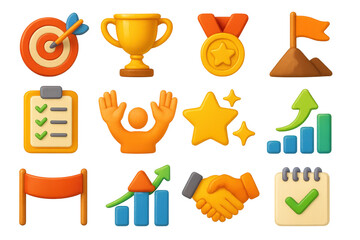 Achievement Icon Set. Goal reached set of icons in 3D color style: dartboard with arrow, trophy symbol, medal badge, summit flag, checklist done,