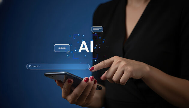 Mobile AI Interaction: User engages with artificial intelligence services and chat functions directly on her smartphone for instant, on-the-go digital solutions.
