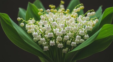 A close-up of lily of the valley flowers featuring small, white, bell-shaped blooms hanging from slender green stems
