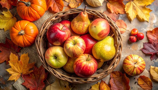 Top view of freshly picked apples, pears, and pumpkins arranged in a rustic basket with dried leaves. A natural and organic vibe for food photography and fall product ads.
